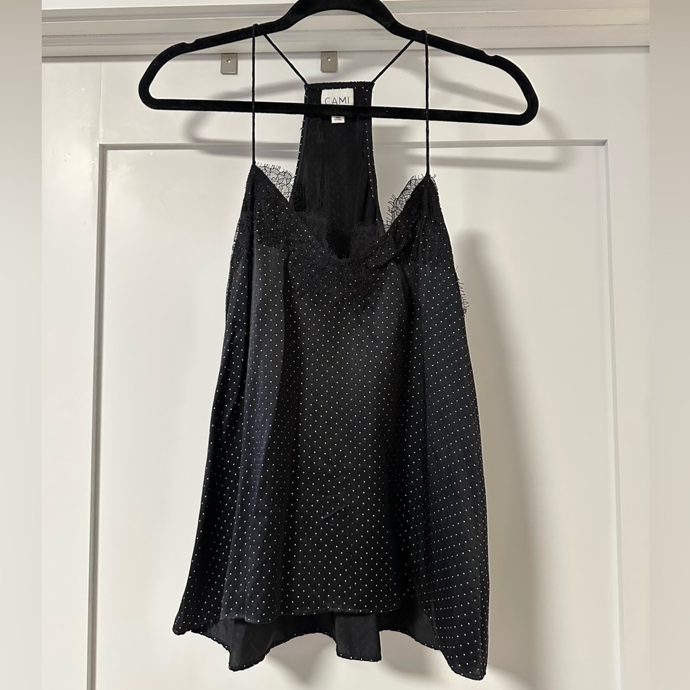 CAMI NYC Black Silk Racer Camisole Top with Lace Trim